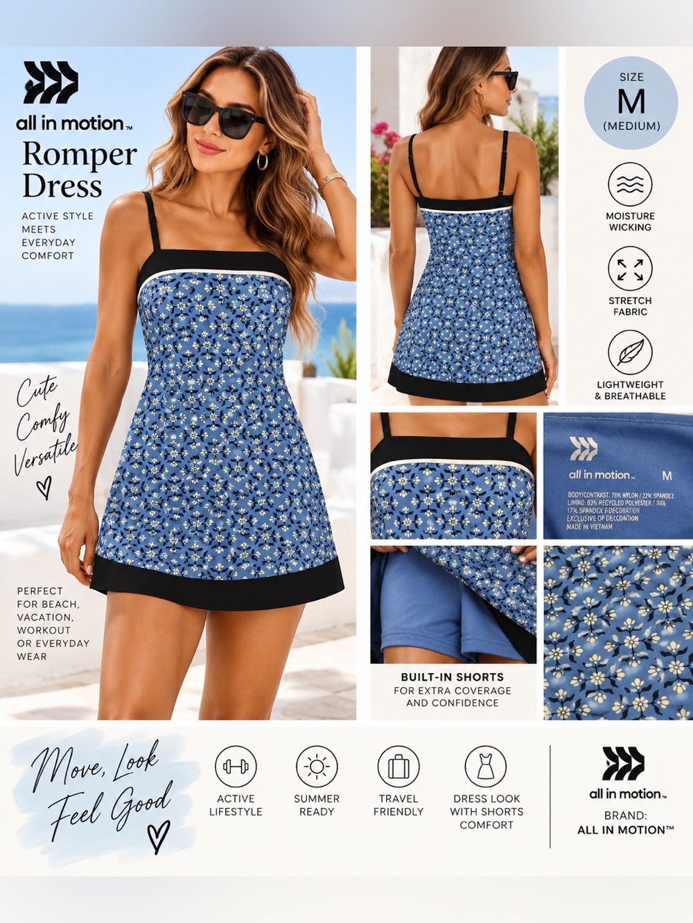 Romper dress .
all in motion Blue Floral Swim Romper Dress with Black Trim